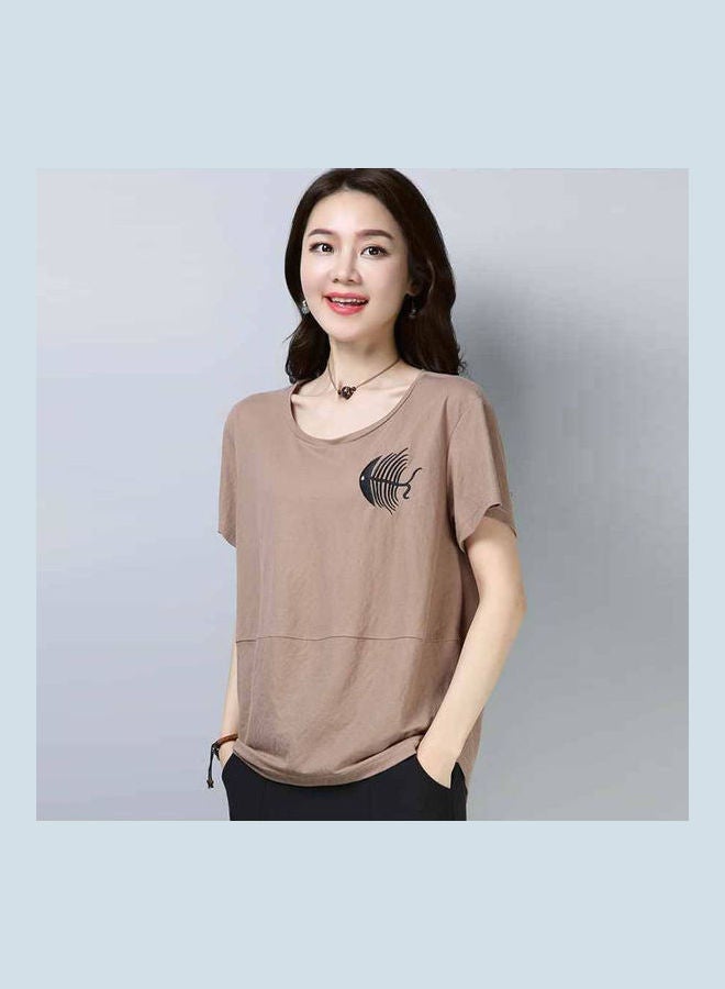 Summer Short-Sleeved Embroidery T-Shirt Khaki - Image 1