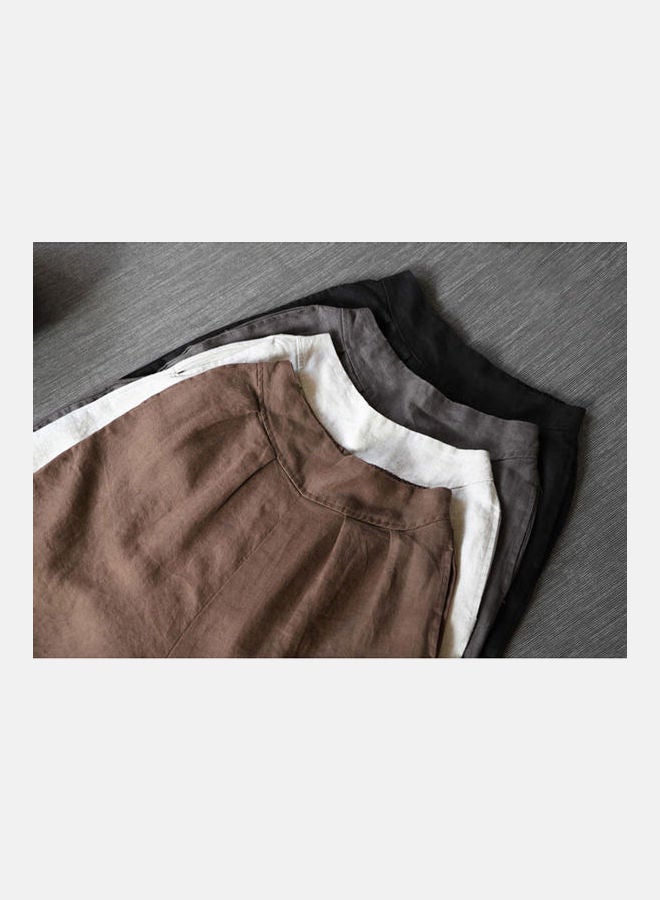 Women Loose Cotton And Linen Wide-Leg Trousers Brown  - Image 3