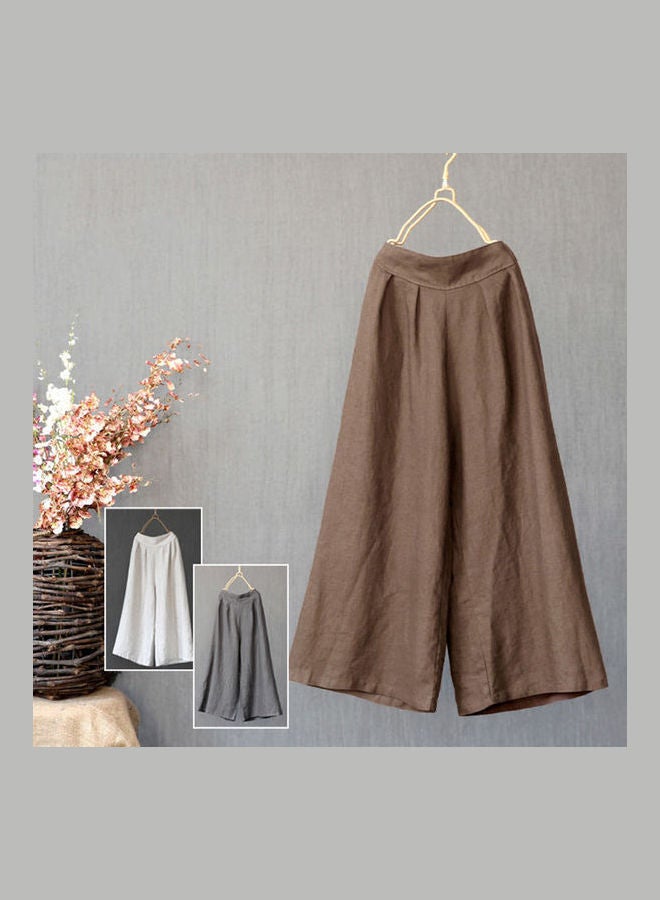 Women Loose Cotton And Linen Wide-Leg Trousers Brown  - Image 4