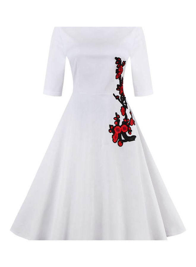 Scoop Neck 1/2 Sleeve Embroidery Waist Knee High Dress White - Image 1