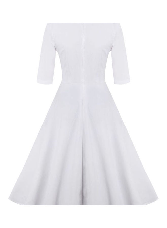 Scoop Neck 1/2 Sleeve Embroidery Waist Knee High Dress White - Image 5