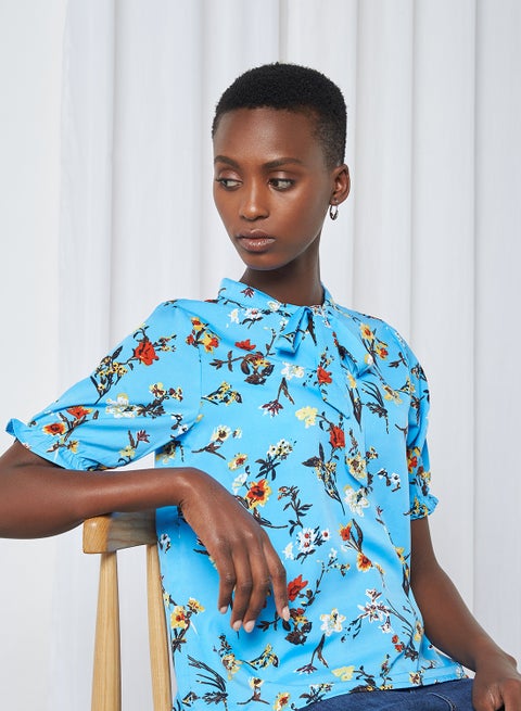 Floral Print Short Sleeve Top Blue