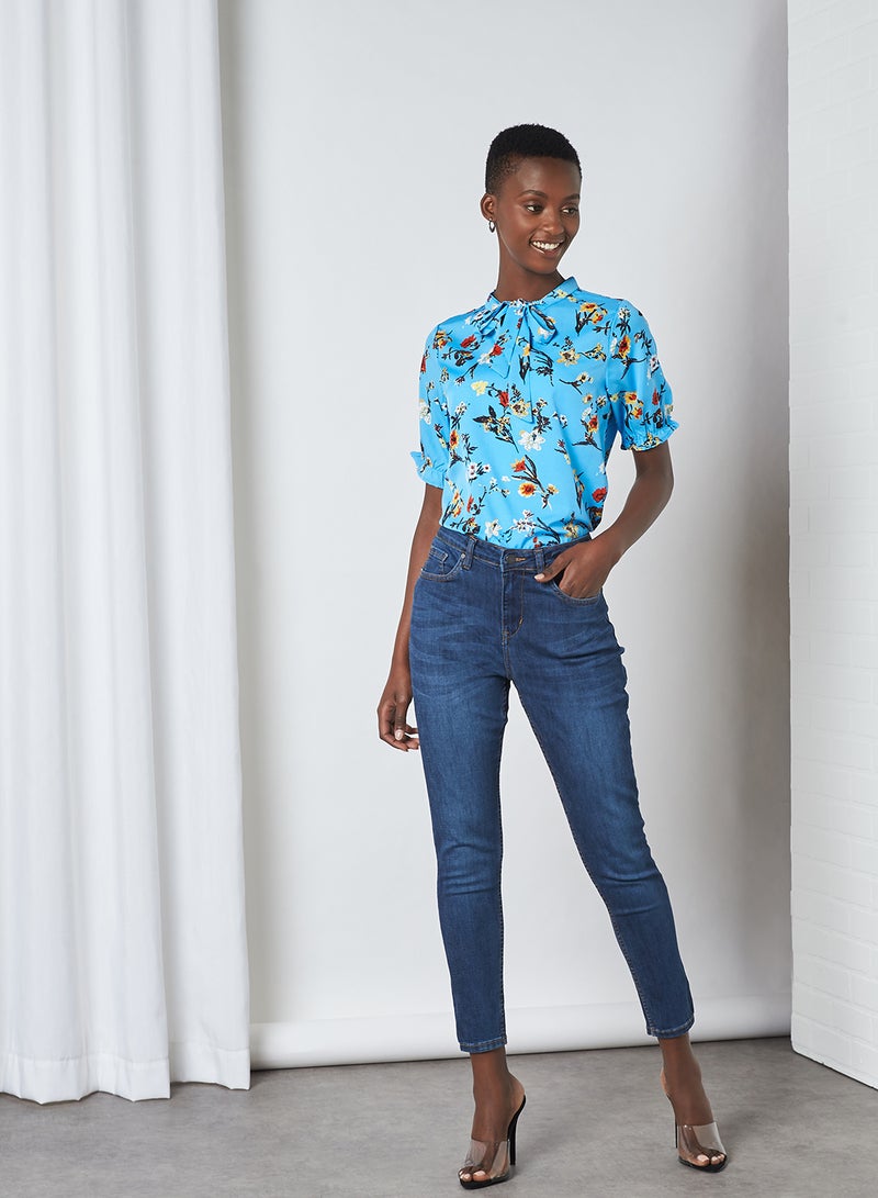 Floral Print Short Sleeve Top Blue
