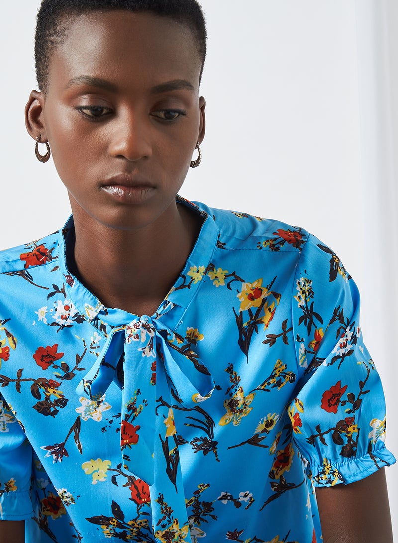 Floral Print Short Sleeve Top Blue