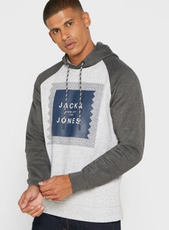 Colour Block Logo Printed Hoodie Grey