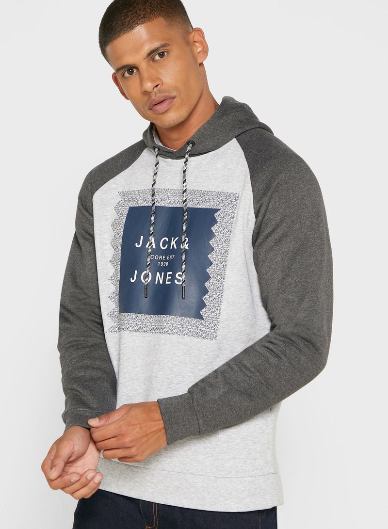 JACK & JONES - Colour Block Logo Printed Hoodie Grey - Image 1