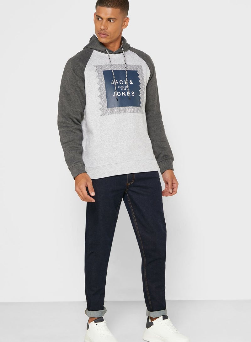 JACK & JONES - Colour Block Logo Printed Hoodie Grey - Image 1