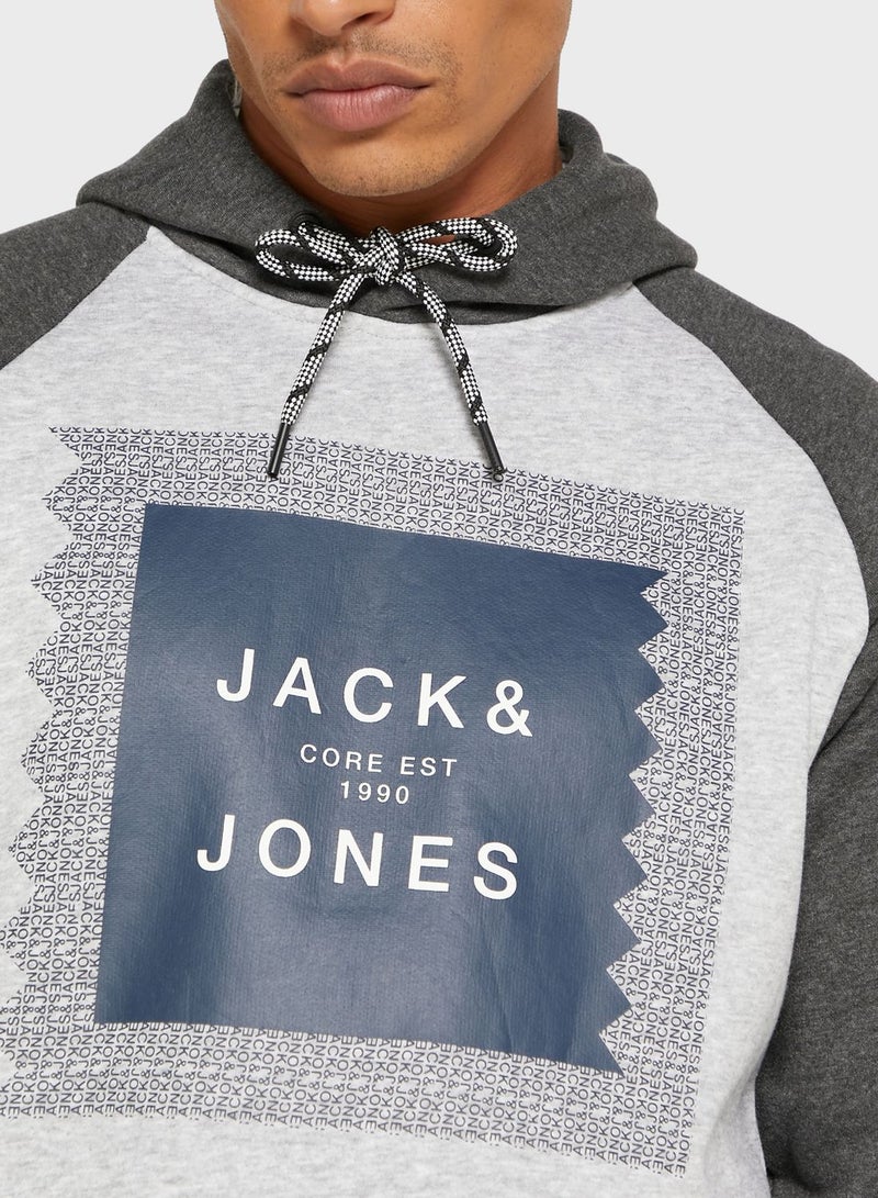 JACK & JONES - Colour Block Logo Printed Hoodie Grey - Image 1