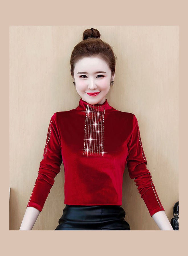 Rhinestone Decorated Long Sleeves Pullover Top Red - Image 1