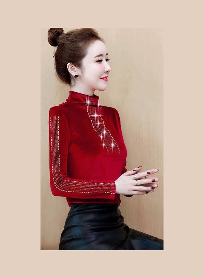 Rhinestone Decorated Long Sleeves Pullover Top Red - Image 2