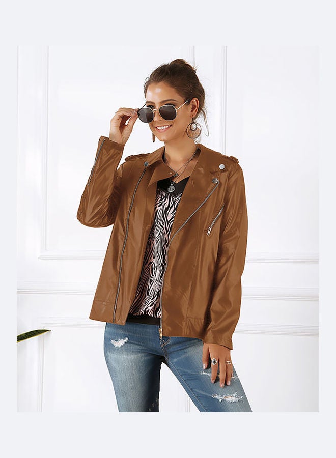 Leather Long Sleeves Jacket Brown - Image 3
