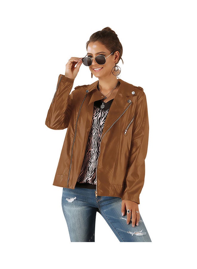 Leather Long Sleeves Jacket Brown - Image 5