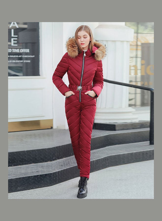Long Sleeves Hooded Jumpsuit Wine Red - Image 1