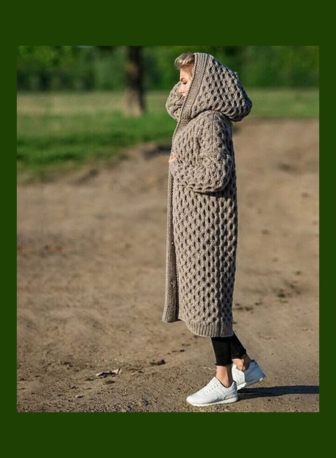 Generic Knitted Hooded Cardigan Khaki  - Image 4