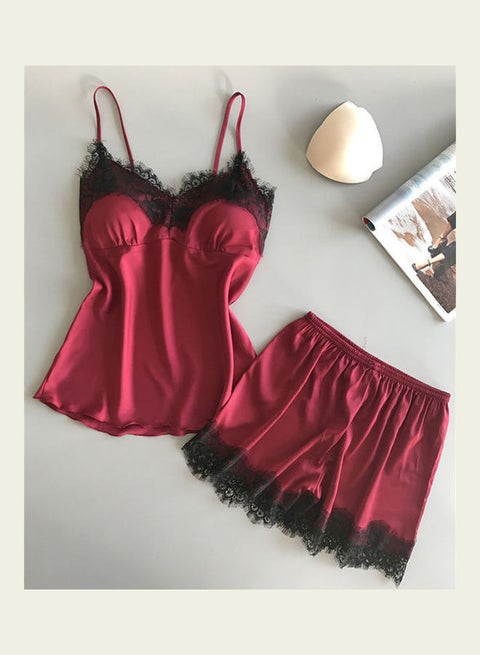 2-Piece Lace Detail Sleepwear Set Wine Red/Black
