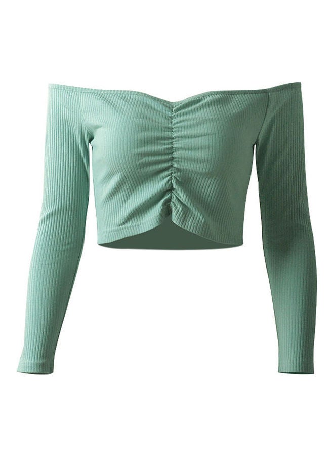 Off-Shoulder Solid Crop Top Light Green - Image 1