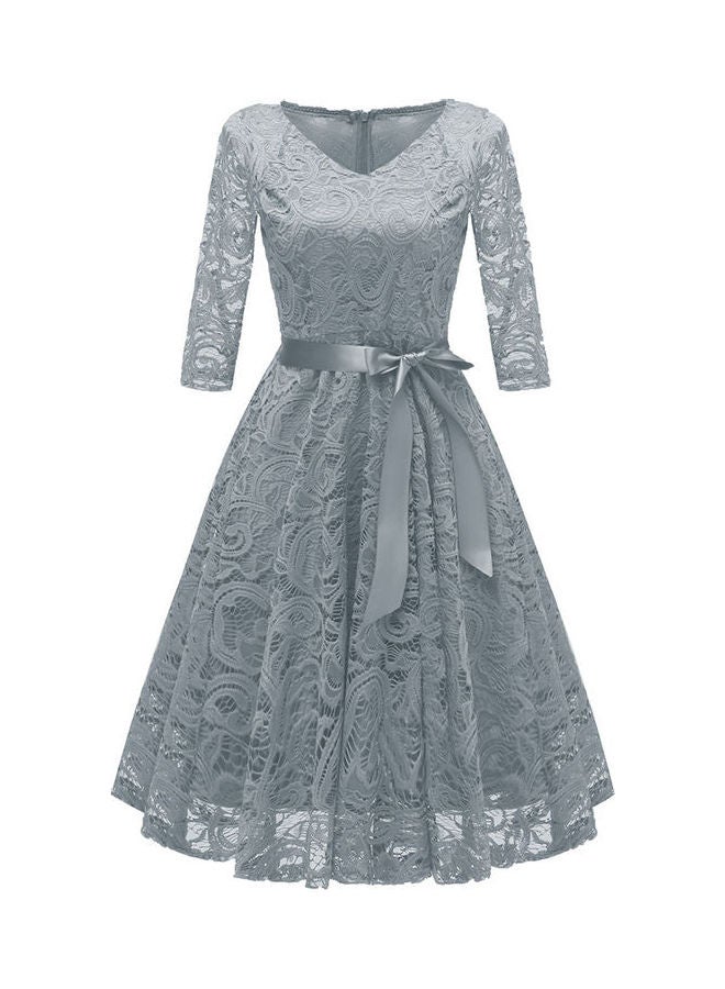 Bowknot Slim Sleeve Dress Grey - Image 1