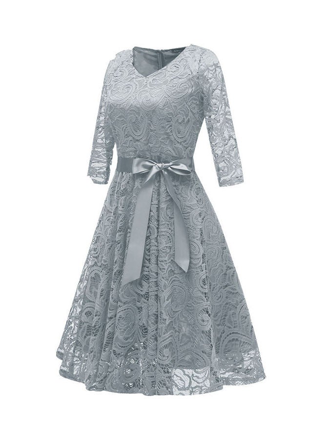 Bowknot Slim Sleeve Dress Grey - Image 3