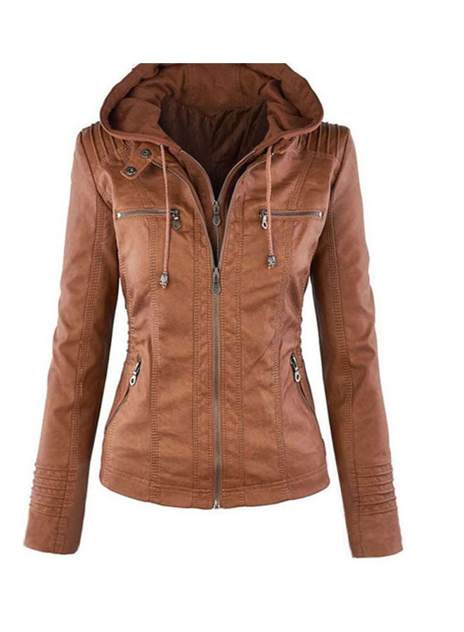 Long Sleeve Zipper Coat Brown  - Image 1