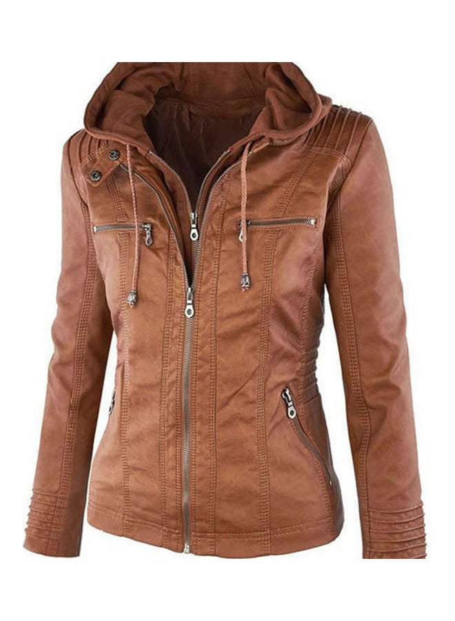 Long Sleeve Zipper Coat Brown  - Image 3