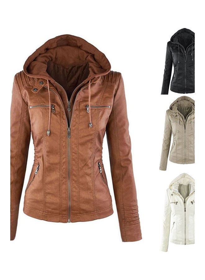 Long Sleeve Zipper Coat Brown  - Image 5