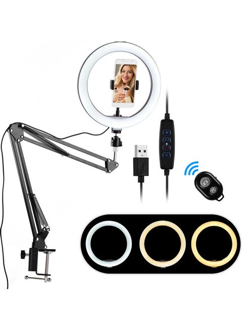10-Inch Mini LED Ring Light With Flexible Clip-on Stand Ballhead Adapter/Phone Holder/Remote Shutter Black