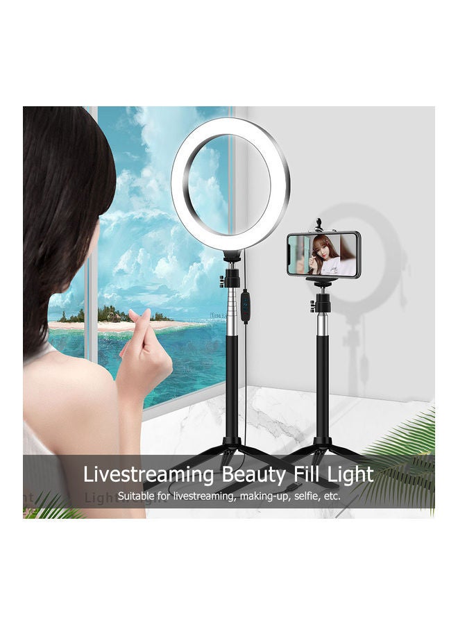 مصباح حلقي محمول وقابل للتعتيم بمقاس 8 بوصة وثنائي اللون بدرجة حرارة لونية 3200-5500 كلفن مع حامل ثلاثي القوائم وعصا سيلفي وحامل هاتف لسطح الطاولة بالإضافة لجهاز تحكم عن بعد أسود - Image 4