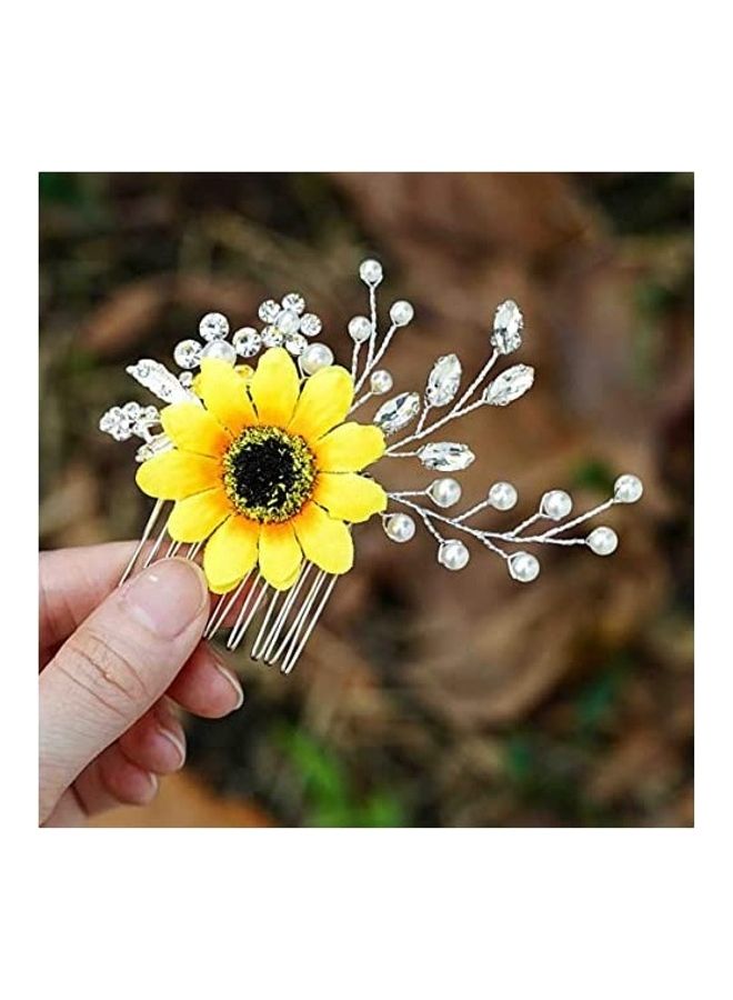 Bride Sunflower Wedding Hair Comb Pearl silver 9inch