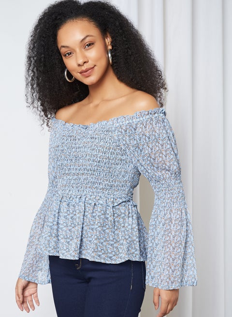Printed Smocked Top Blue