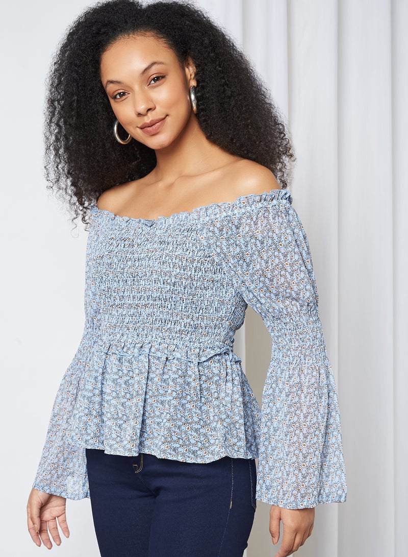 Printed Smocked Top Blue