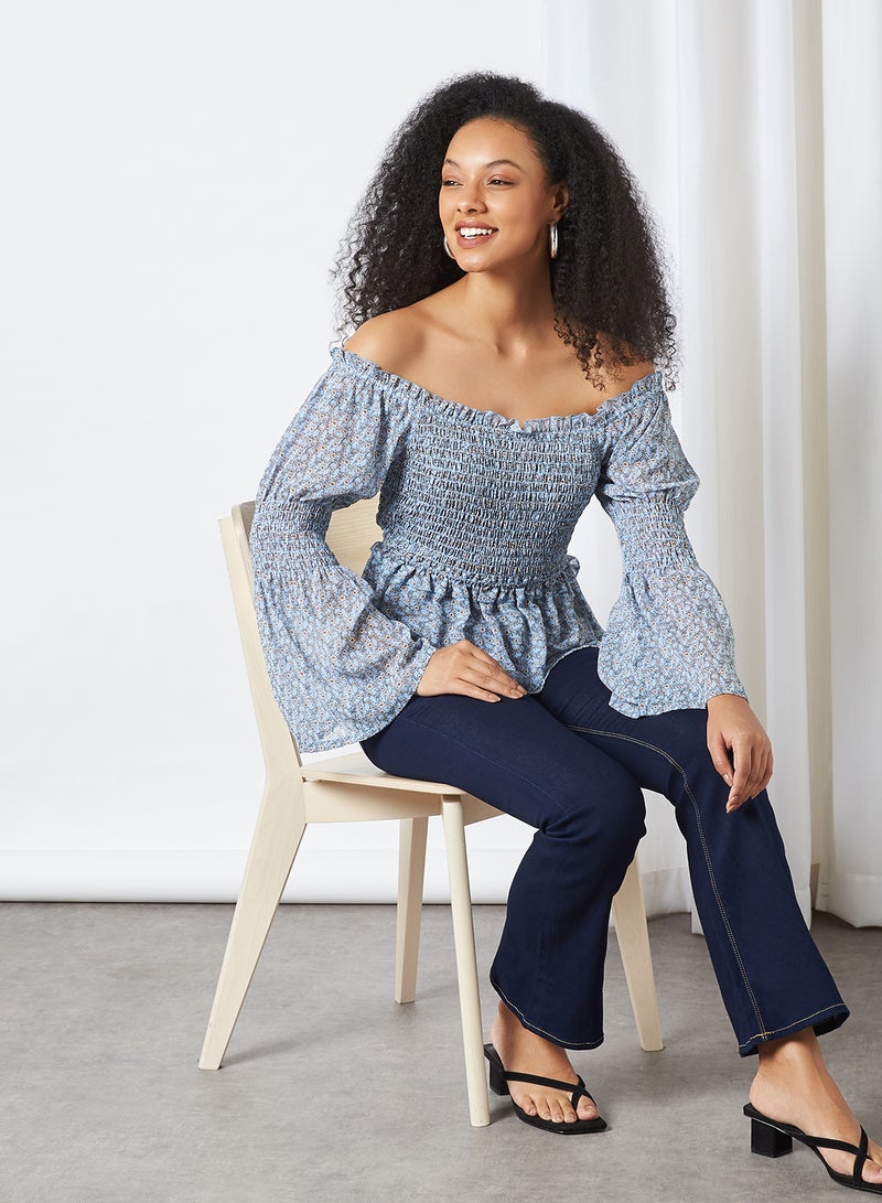 Printed Smocked Top Blue
