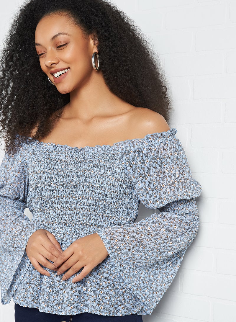 Printed Smocked Top Blue