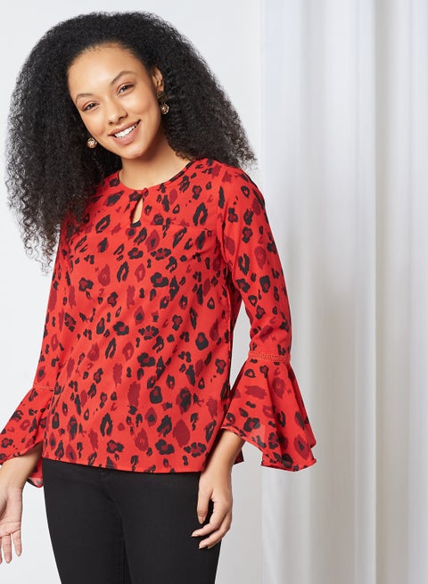 All Over Print Flared Sleeve Top Red