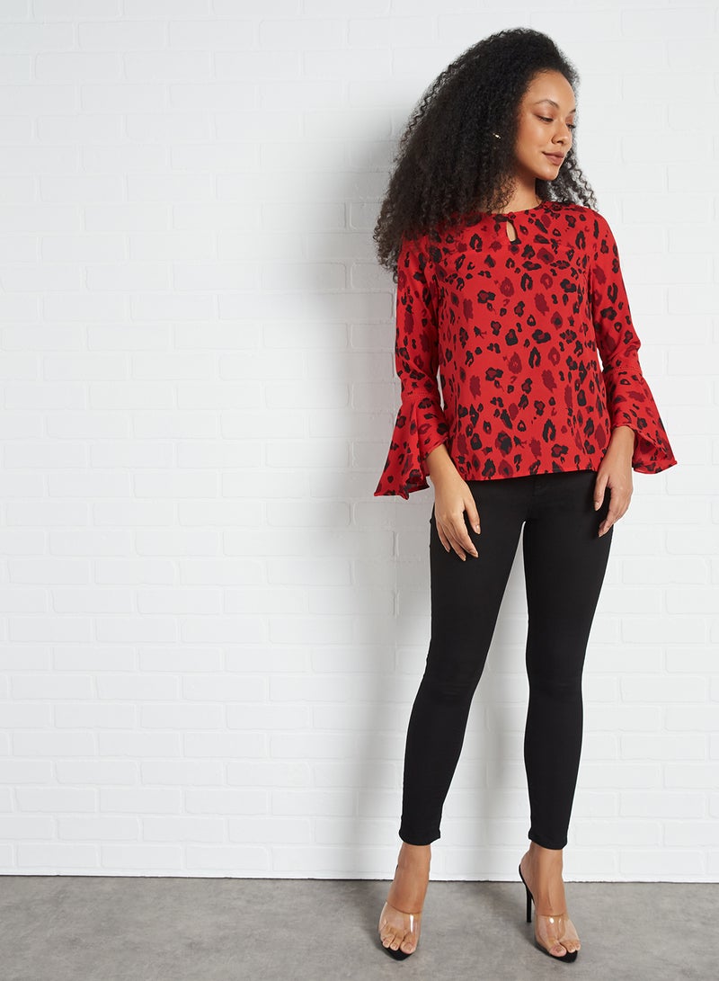 HERE&NOW - All Over Print Flared Sleeve Top Red - Image 1