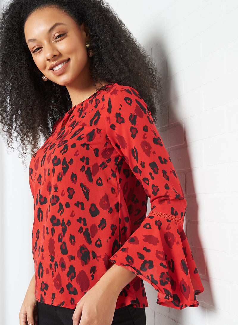 HERE&NOW - All Over Print Flared Sleeve Top Red - Image 1