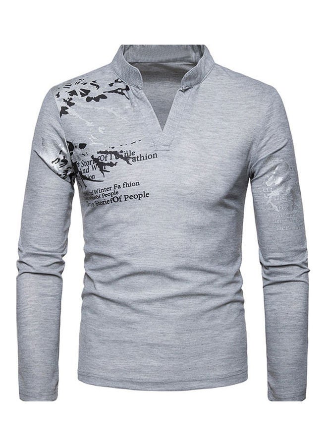 Flower English Letter Printed T-Shirt Light Gray/Black 