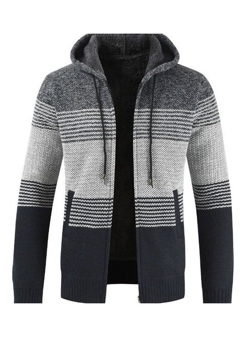 Color Block Stripes Warm Fleece Jacket Dark Grey/Black