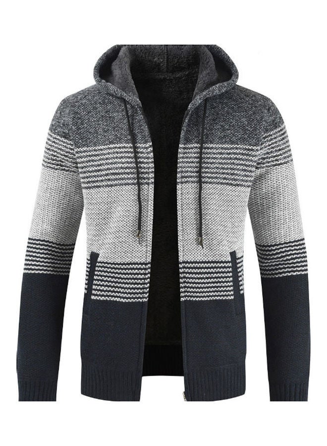 Color Block Stripes Warm Fleece Jacket Dark Grey/Black