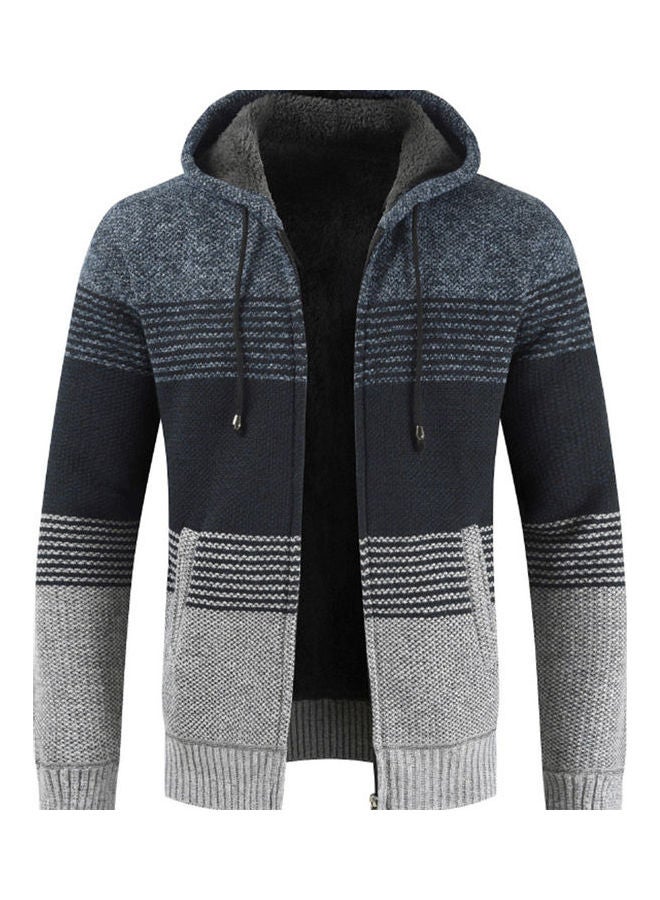Color Block Stripes Warm Fleece Jacket Blue/Black/Grey 