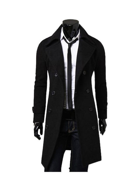 Solid Long Sleeves Lapel Overcoat Black