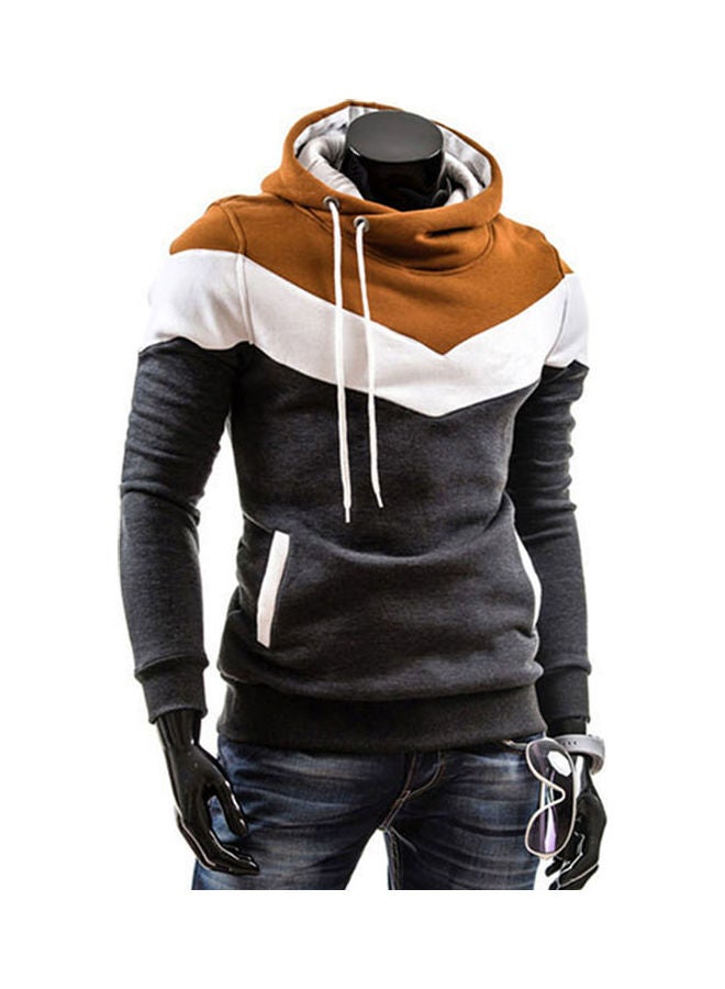 Colourblock Pattern Hoodie Dark Grey/Brown/White 