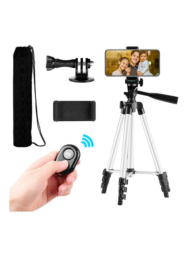 طقم حامل ثلاثي القوائم مكون من 4 أقسام مع حامل بمشبك للهاتف أسود/ فضي - Image 1