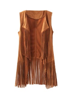 Sleeveless Solid Color Faux Suede Tassels Vest Khaki