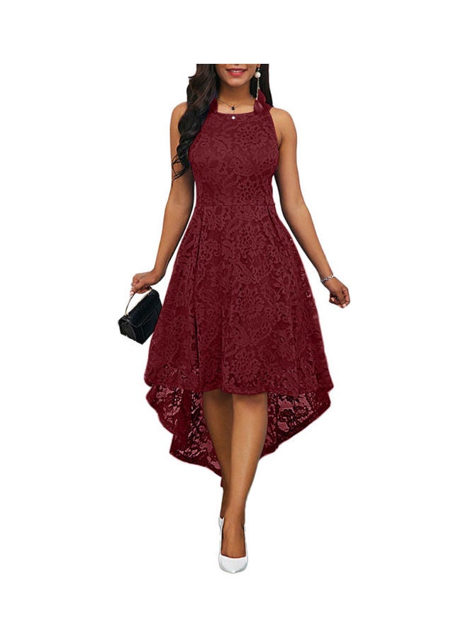 Lace Sleeveless Irregular Midi Dress Wine Red