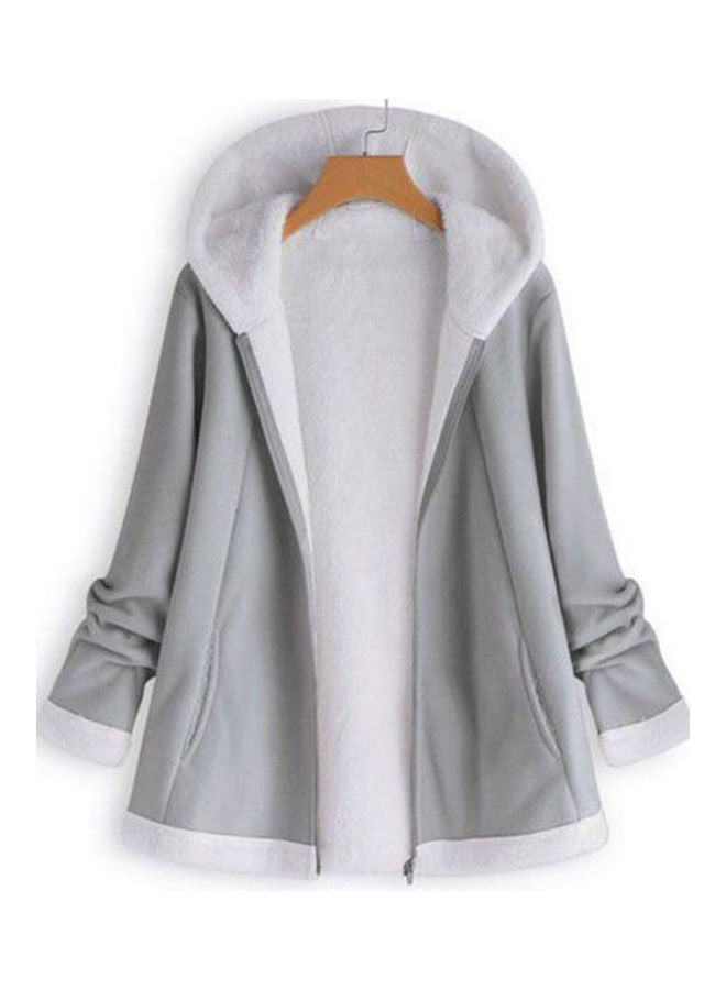 Casual Long Sleeve Zipper Warm Plushy Hooded Coat Grey