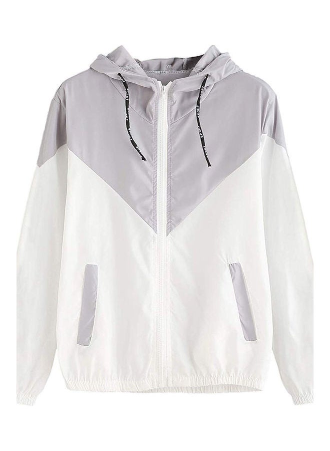 Long Sleeve Drawstring Hooded Coat Grey/White 