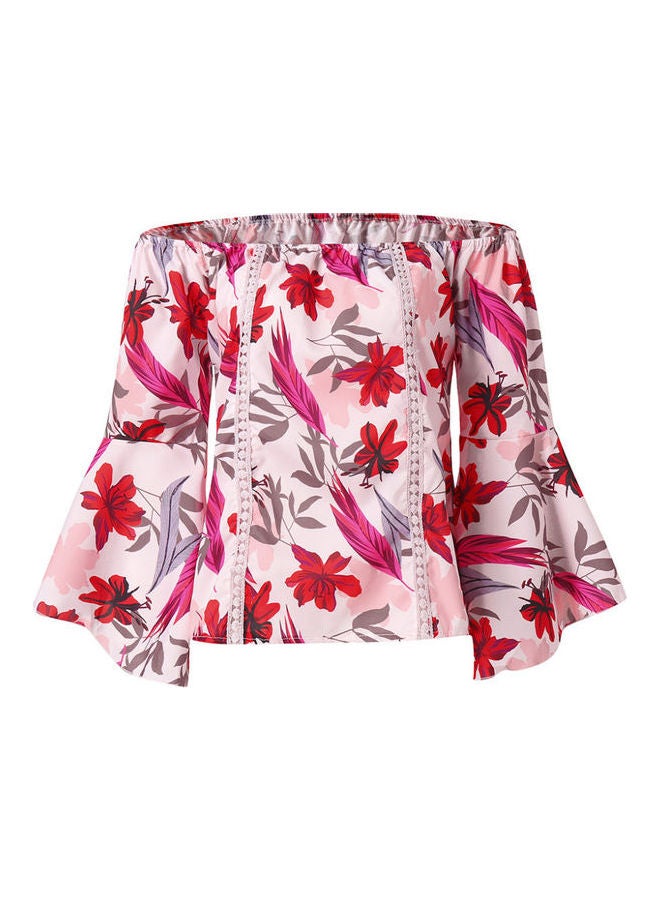 3/4 Flare Sleeved Leaves Print Off Shoulder Shirt Pink  - Image 1