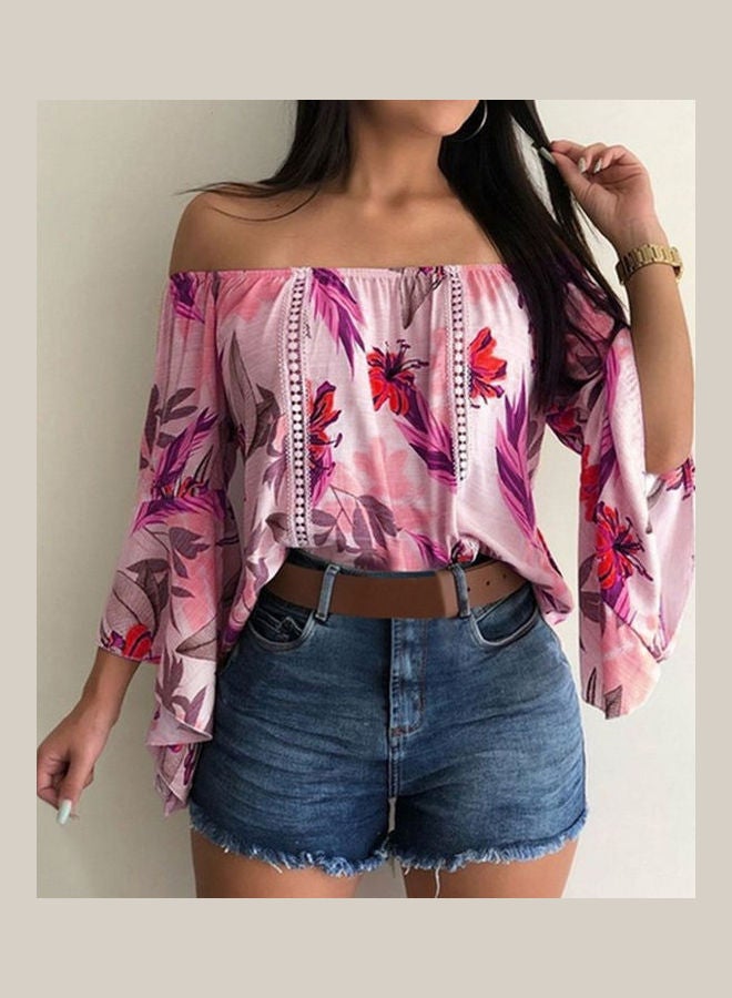 3/4 Flare Sleeved Leaves Print Off Shoulder Shirt Pink  - Image 2