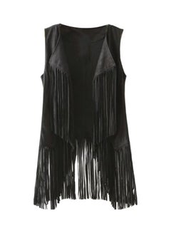 Sleeveless Solid Color Faux Suede Tassels Vest Black