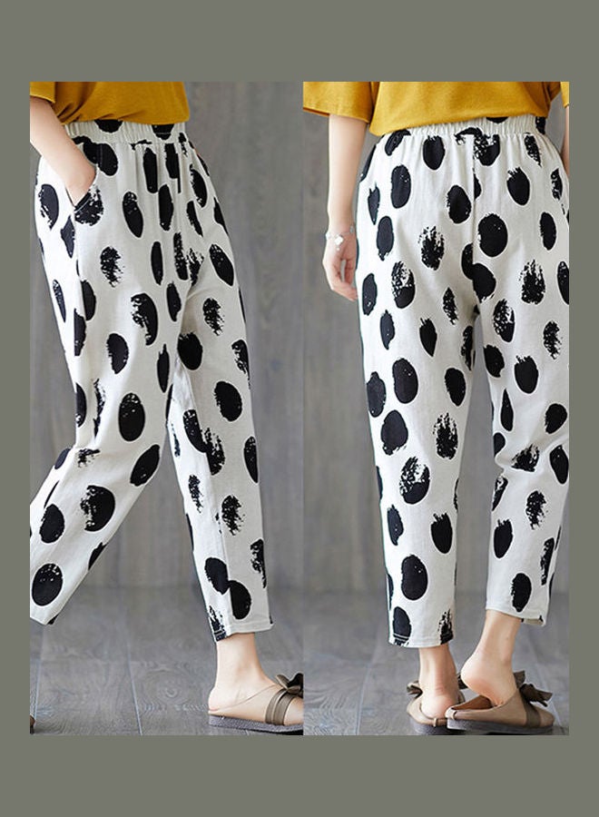Elastic Waist Polka Dot Print Capri Pants White/Black  - Image 2